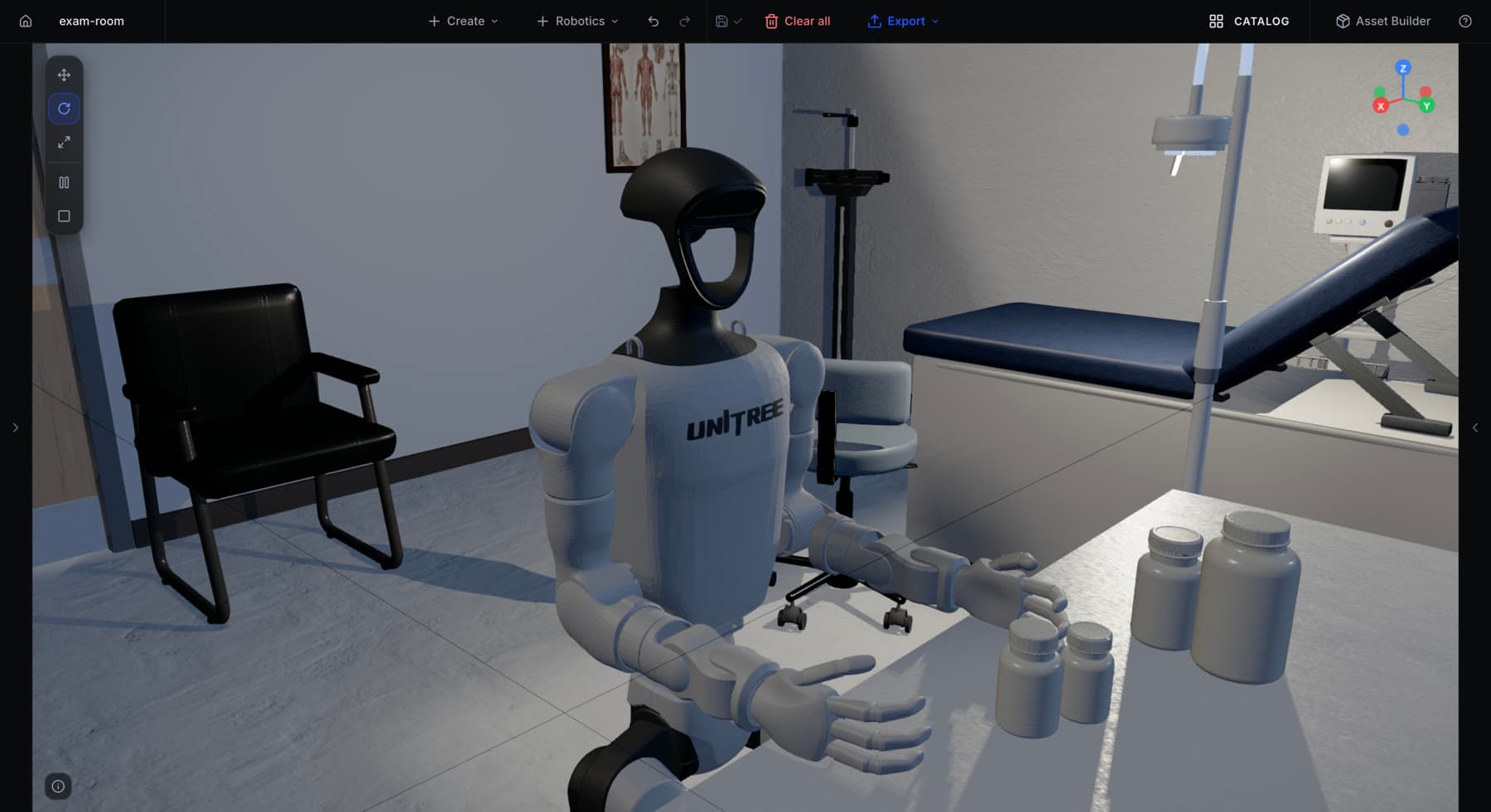 Gizmo editor: a Unitree humanoid in a generated clinical exam room scene
