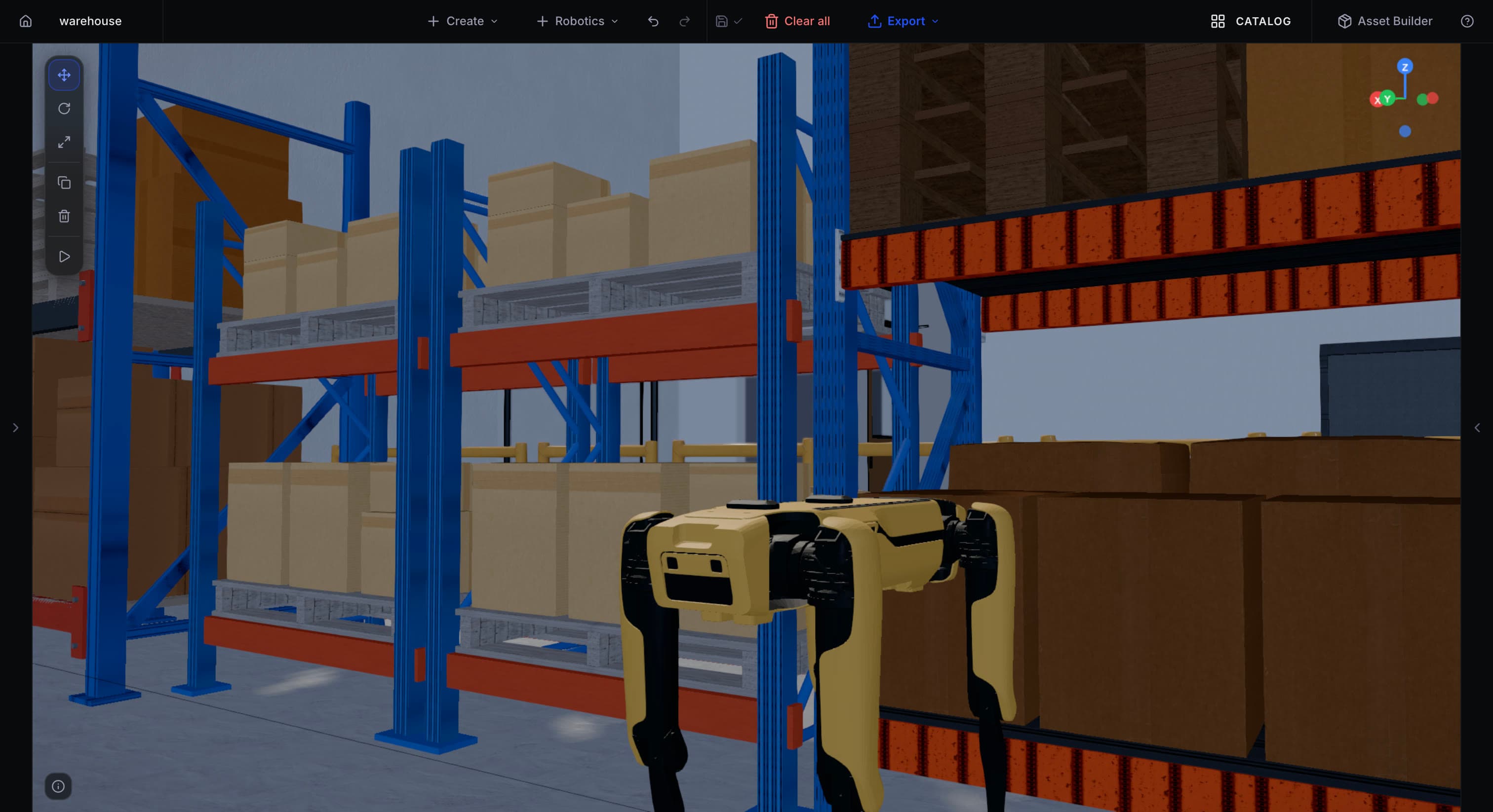 Gizmo editor: a Spot quadruped in a warehouse racking aisle