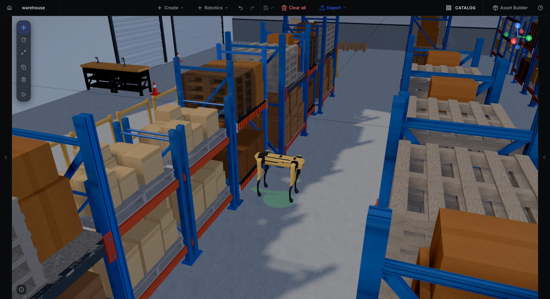 Gizmo editor: a Spot quadruped navigating a generated warehouse scene